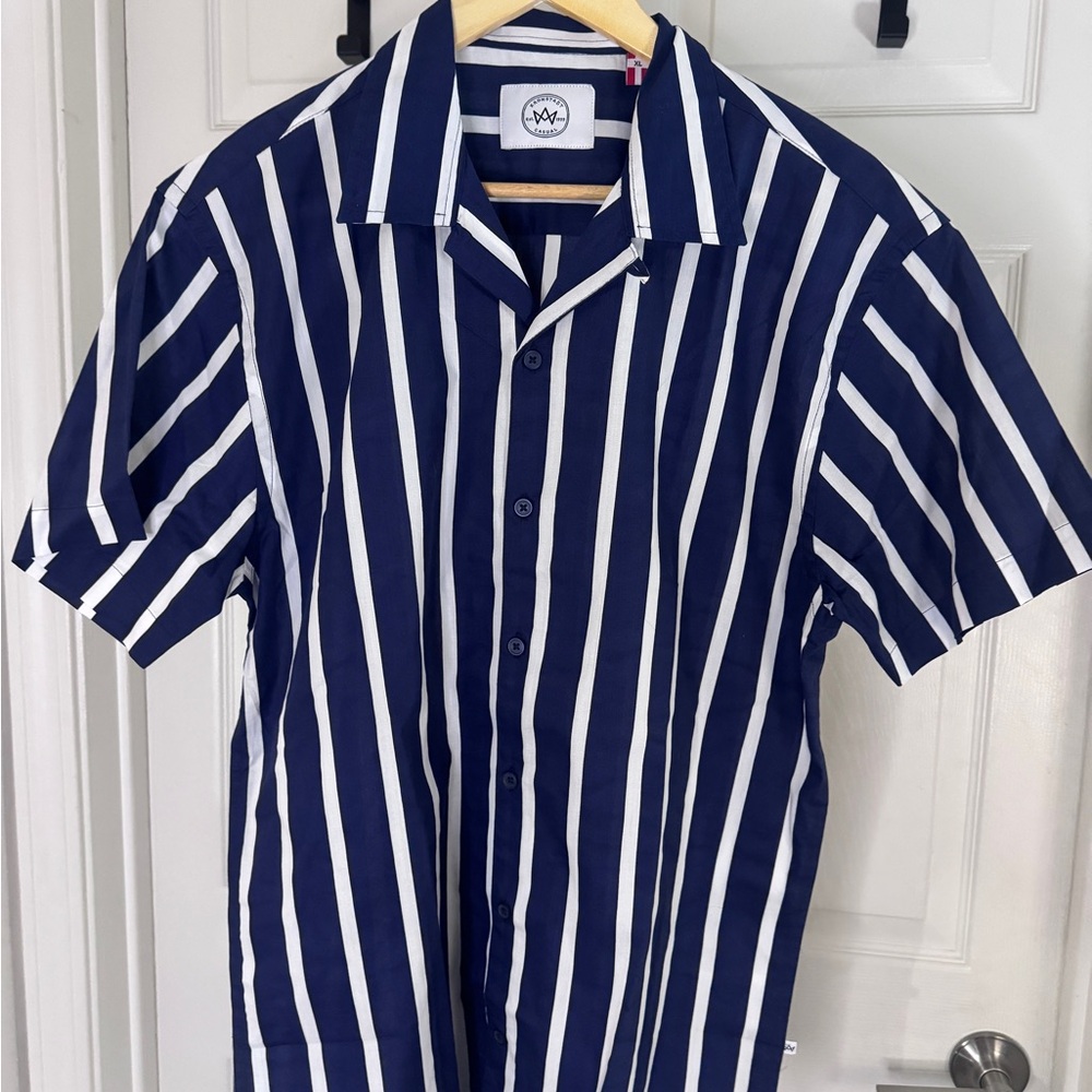 Kronstadt Navy and White Striped Men's S/S Shirt w/ Camp Collar, XL